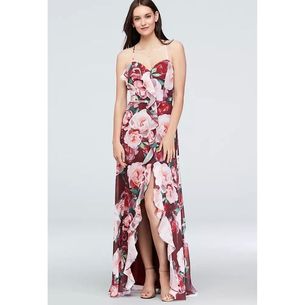 Cachet Floral Chiffon Wrap Maxi Dress Womens 14 Burgundy Flowing Ruffle‎ *Flaws
